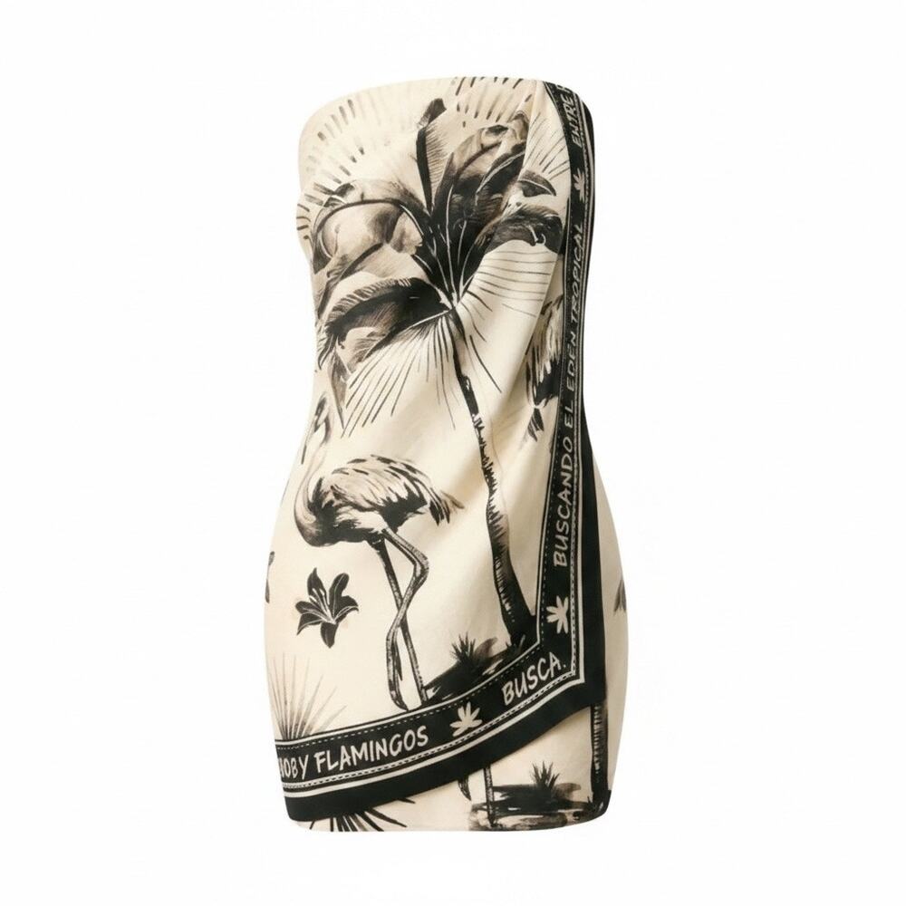 H&M Edition Beige Tropical Print Bandeau Style Strapless Mini Dress Size L - NWT